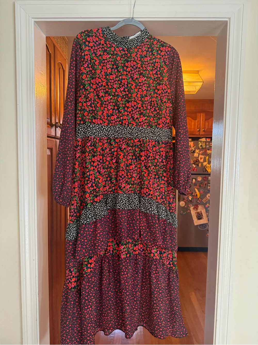 Floral Tiered Midi Dress in Red and Black